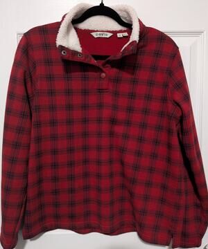 Orvis Red Black Plaid Fleece Snap Pullover Medium M Sherpa Lined Collar